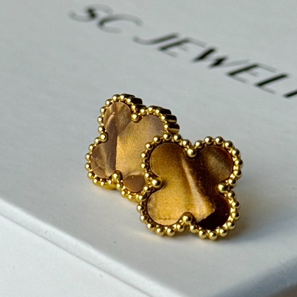 Tiger Eye Clover Earrings Stainless Steel Gold Tone - Picture 1 of 8